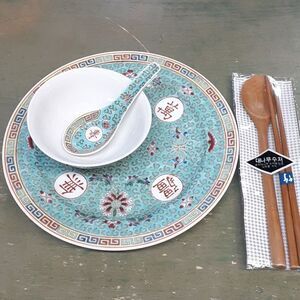 Turquoise Mun Shu plate, rice bowl with spoon, set of wood utensils